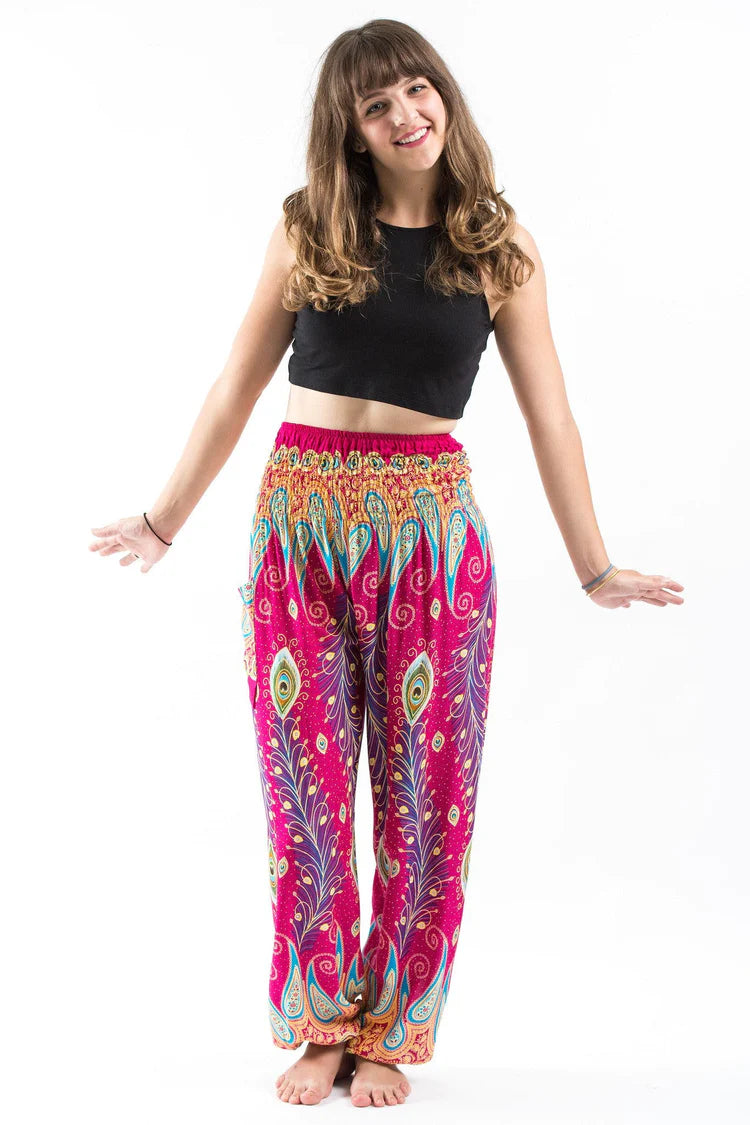 UNISEX PEACOCK PAISLEY HAREM PANTS IN PINK