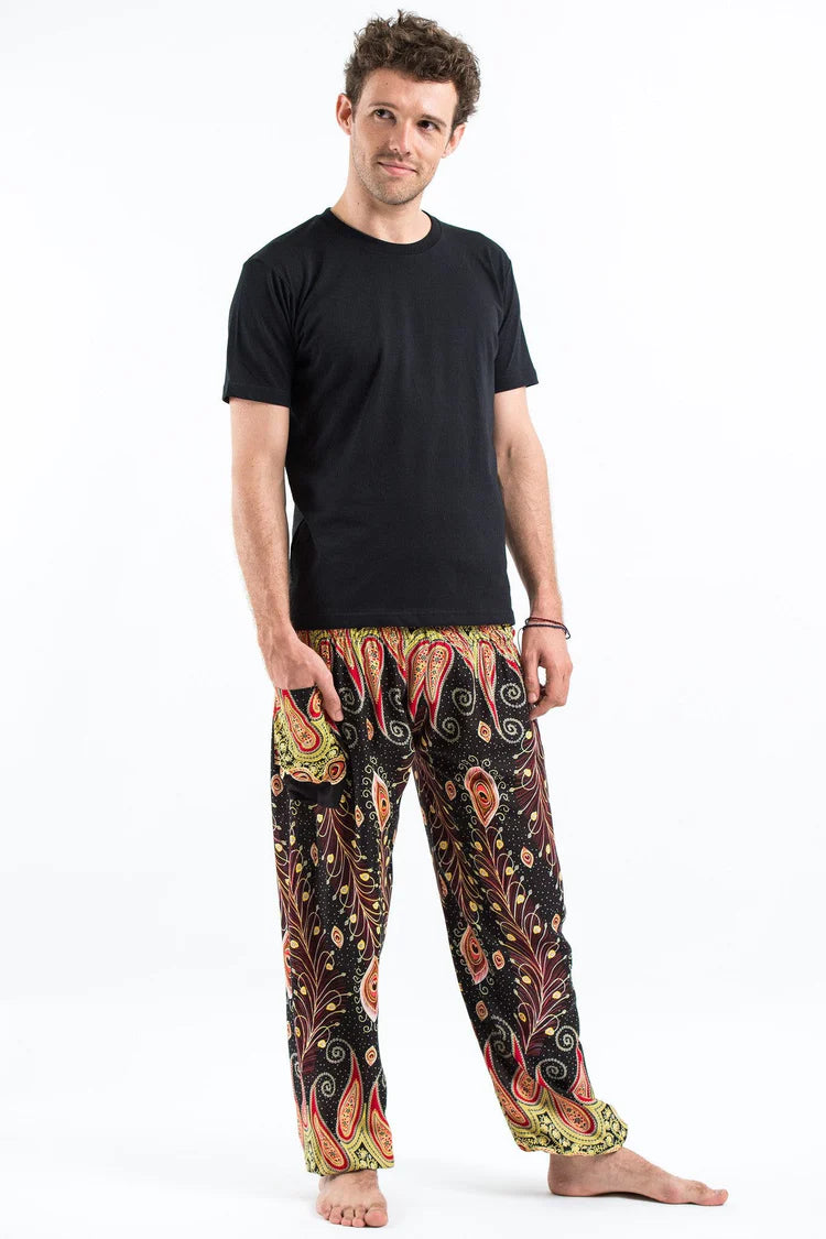 UNISEX PEACOCK PAISLEY HAREM PANTS IN BLACK